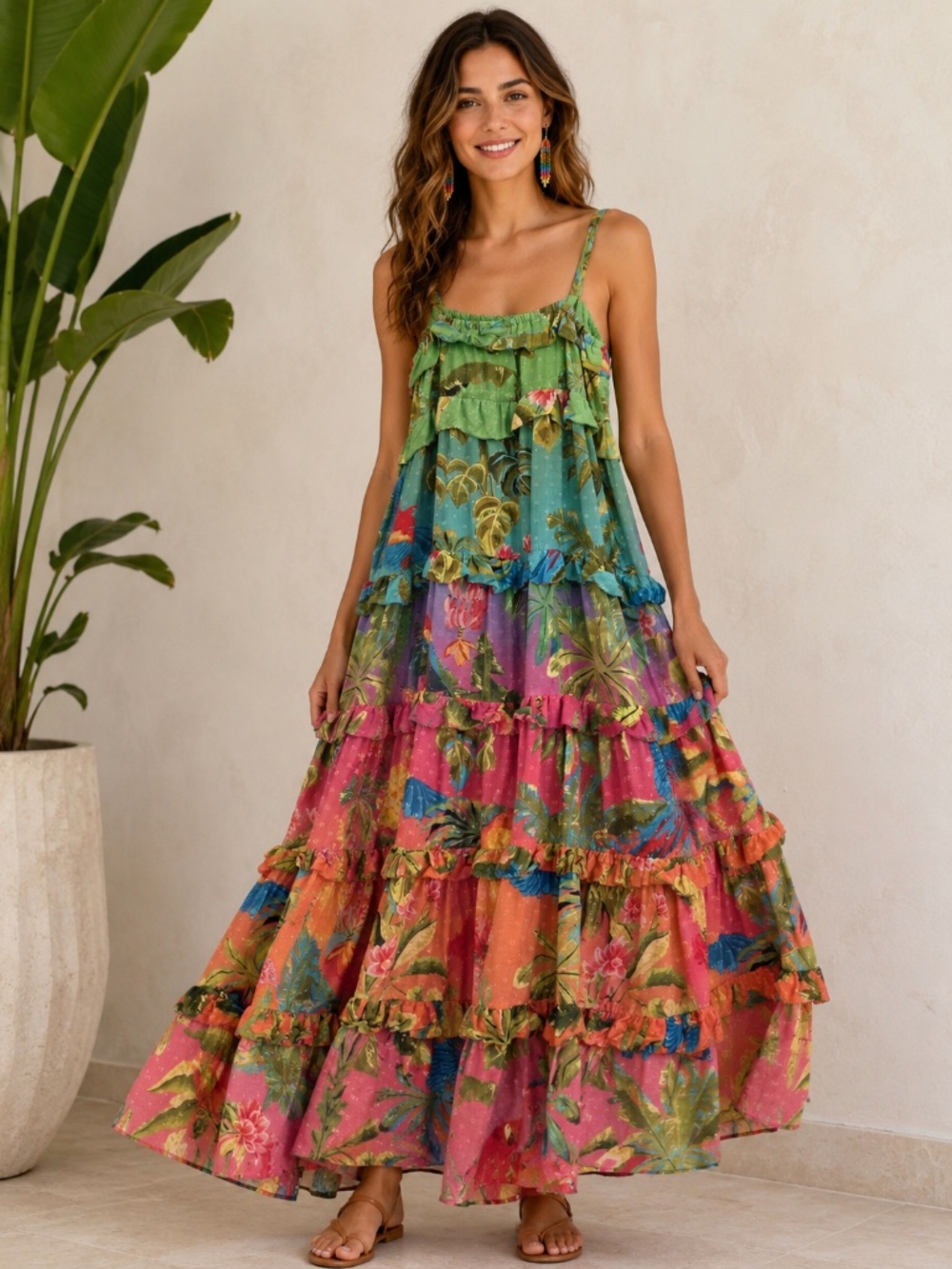 NEW FARM RIO Ombre Forest Maxi dress L tiered frill 100% cotton crochet boho